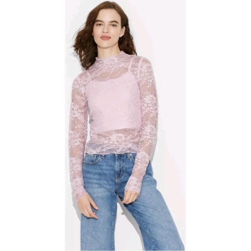 Wild Fable Light Pink Lace Sequin‎ Long Sleeve Mock Neck Top XS NWT